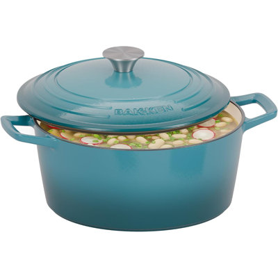 Casserole à cuisson en fonte émaillée Bakken, cocotte de 6 pte pour la cuisson du pain, le braisage et le rôtissage, cuisine et feu de camp, couvercle verrouillable à l'humidité, allant au four jusqu'à 500 ° F, fonctionne sur toutes les surfaces de cuisson, bleu sarcelle