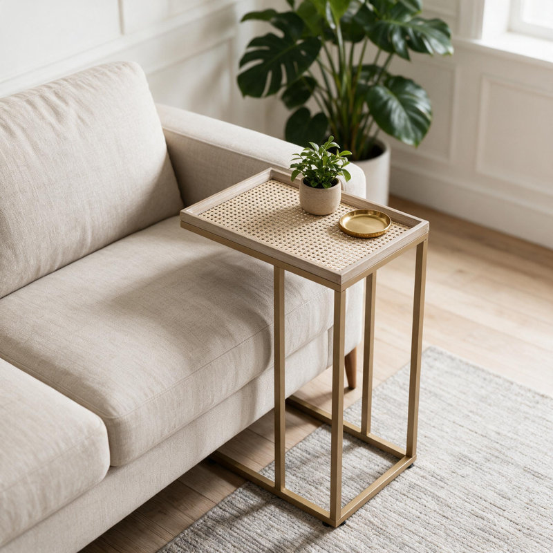 25.25" H Small Rectangular C-Shaped End Table, Brown+Woven Top