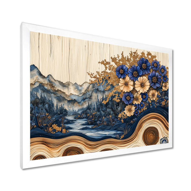 Fleurs bleues turquoise et paysage de forêt en bois II - Art mural bleuets, H 30 po x l 40 po, Cadre simple, Blanc