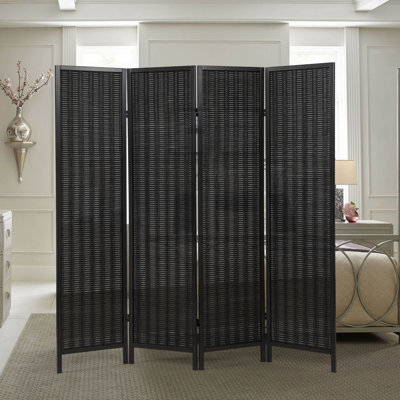  Inkwell 4-Panel Bamboo Room Divider, Folding Portable Partition Screen, Black With Black Frame