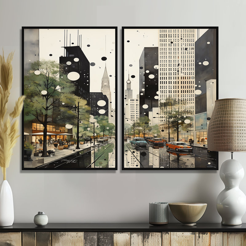 Élégance architecturale grise et verte Mid Century, Black, 36" H x 48" W, Impression encadrée flottante