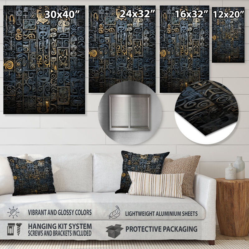 «Blue and Gold Maya Tile Impressions II», art mural en métal abstrait, H 20 po x l 12 po x P 1 po