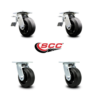 6 Inch Rubber on Steel Caster Set with Roller Bearing 2 Total Lock Brake SCC