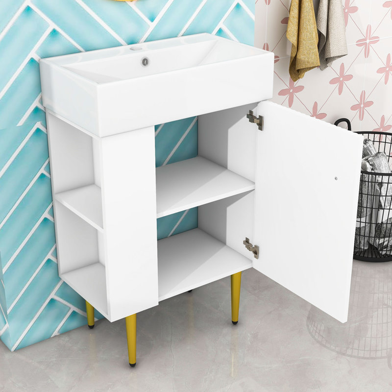 Meuble-lavabo élégant avec lavabo en céramique, rangement à gauche et détails dorés, Blanc / Doré