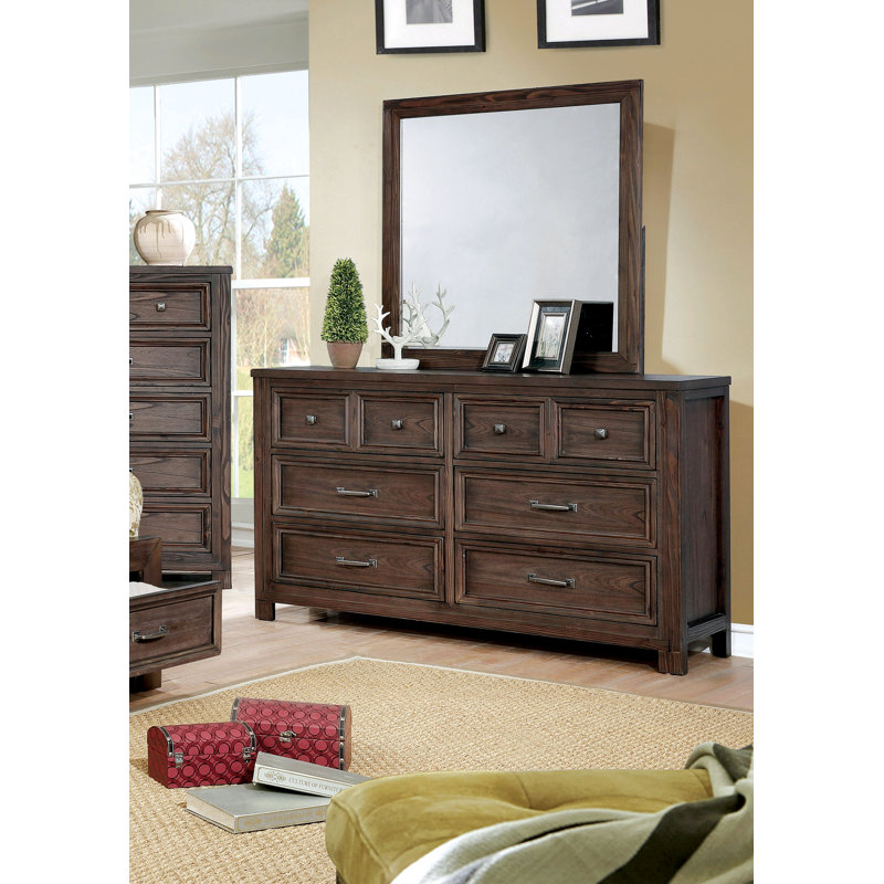 Commode 2 tiroirs et miroir 2 pièces Allentown, Chêne foncé