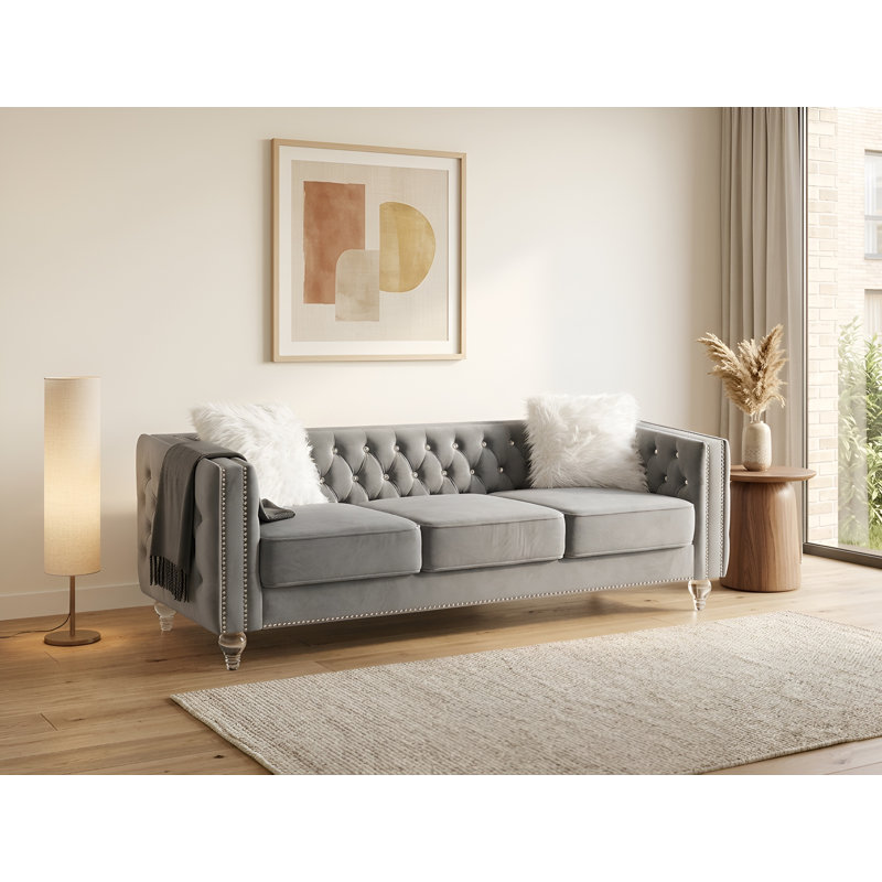 Canapé 83 po à accoudoirs carrés en velours, Velours gris