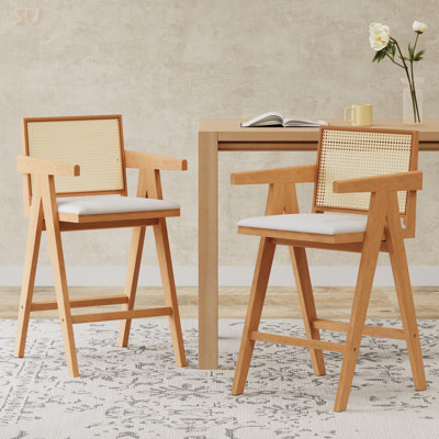 Cream Woven Cane Plastic Backrest Bar Stool With Foam-Padded Fabric Seat And Durable Rubberwood Frame, Ideal For Modern And Classic Interiors, Bar Stool