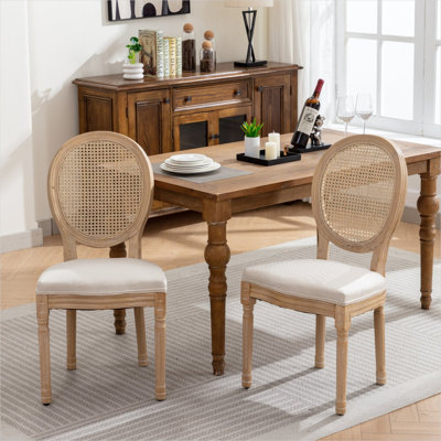 Set of 2 Solid Wood French Style Side Chairs with Linen Upholstery and Rattan Back in Warm Beige