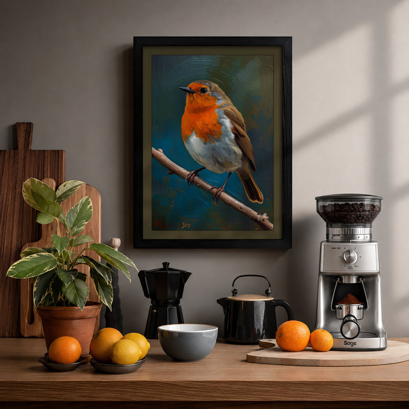 Robin On Branch Scandinavian - Print, A1 - 84.1 x 59.4 cm, Black