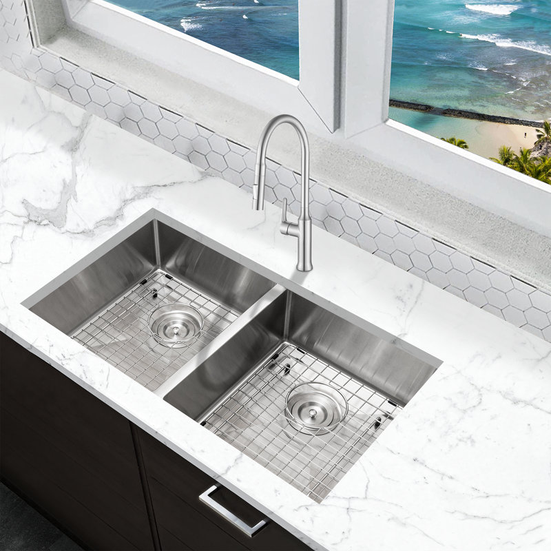KBFmore Bowl Stainless Steel Kitchen Sink with Accessories, 31"L x 18"W x 5.5"H - Double Bowl, 5 Piece
