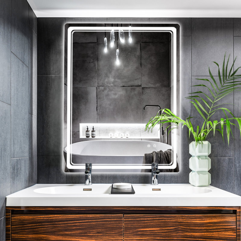 Dibbrun Frameless Lighted Bathroom Mirror, 27" x 36", Rectangle