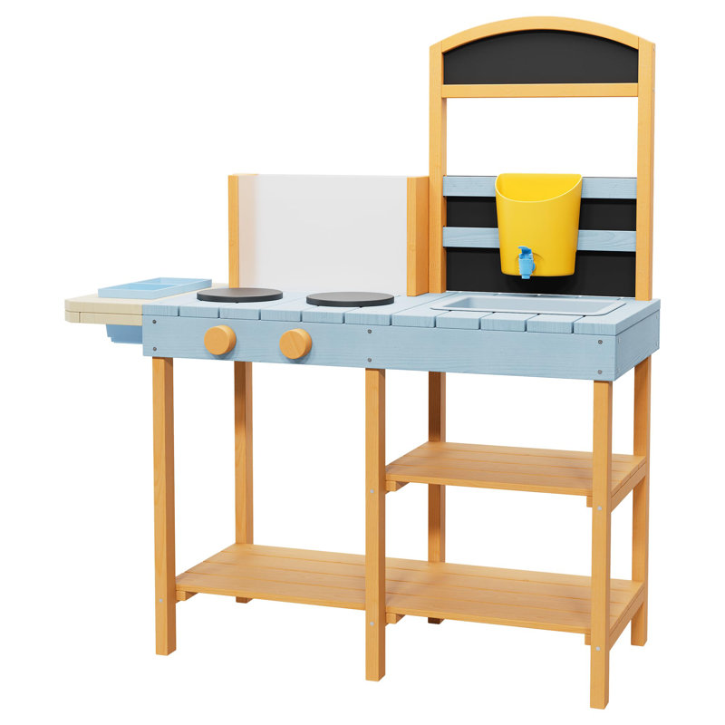 Outdoor Wooden Kids Mud Kitchen, Pretend Play Set with Planter Box Sink Stove Chalkboard Storage Shelves for Backyard Sensory Play