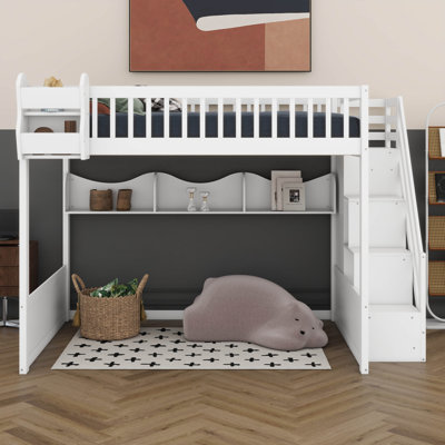 Queen Size Loft Bed With Wardrobe And Staircas, Storage Shelves, Floor Multifunction Bunk Bed With Gardrails
