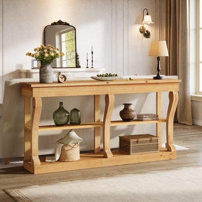 Natural Solid Wood Console 63-Inch 3-Tier Sofa Table for Entryway Table, Behind the Couch with Storage, Farmhouse Entryway Furniture for Living Room, by Ophelia & Co.