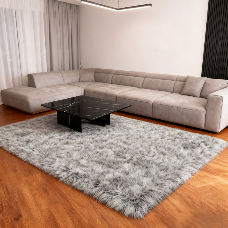 Luxurious Plush Gray Faux Sheepskin Rug, Rectangle 5' x 8'