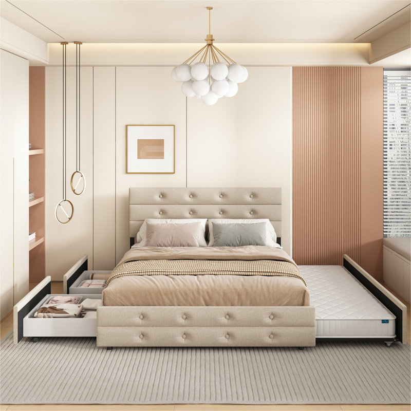 Mainio Upholstered Platform Storage Bed, Light Beige