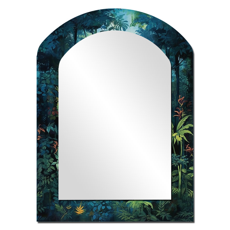 Jungle Expedition - Forest Asymmetrical Unique Wall Mirror, Traditional Arch Mirror, Printed Metal Art, 34" x 25"