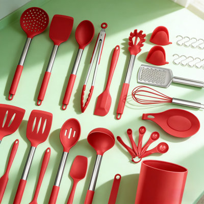 Ensemble d'ustensiles de cuisine en silicone de qualité supérieure 35 pièces avec poignées et support en acier inoxydable, ustensiles de cuisine antiadhésifs résistants à la chaleur pour la cuisson, la cuisson et les grillades