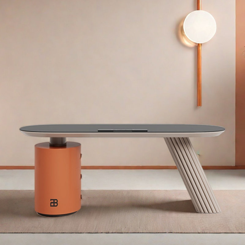 Bureau en granite avec bureau simple, H 29,53 po x l 55,12 po x P 27,56 po, Orange/crème