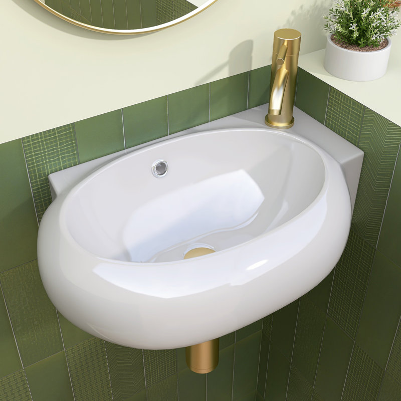 16,9 po X P 11 po P x H 5,9 po. Petit lavabo vasque mural ovale en céramique blanc avec trou pour robinet de droite
