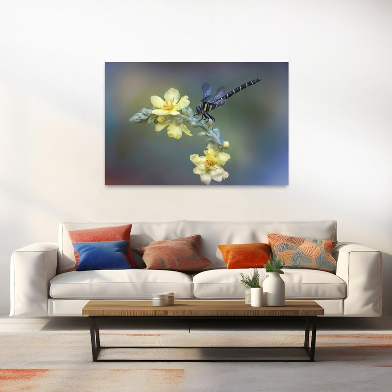 Striped Dragonfly On Mullein Delicate Vibrant Dragonfly Flower Nature Wall Art Print 1 Piece Wrapped Canvas Wall Art
