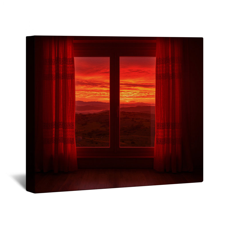 Toile tendue à travers une fenêtre Red Sunset, 16 x 16 pouces