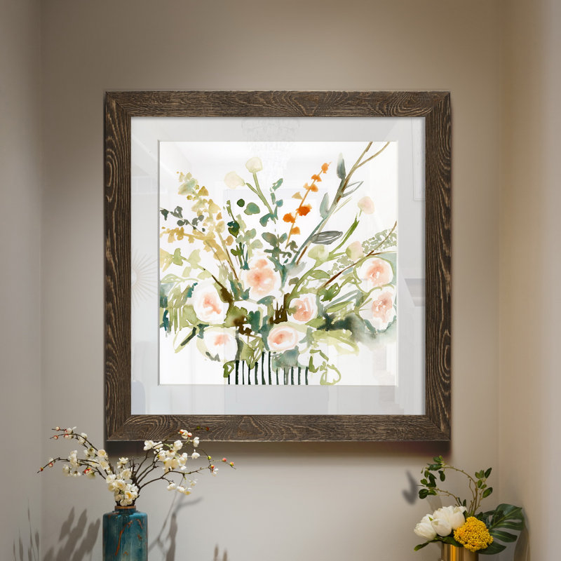 Imprimé fleurs en « I », H 35,5 po x l 35,5 po x P 1,5 po, Papier, cadre noyer