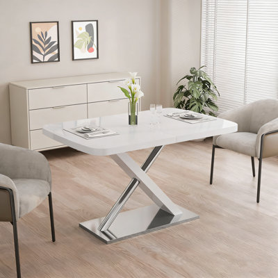 Extendable Modern Glossy Dining Table For 4-6, Smooth One-Hand Expansion, Sturdy Crossed Metal Base With High Load Capacity.