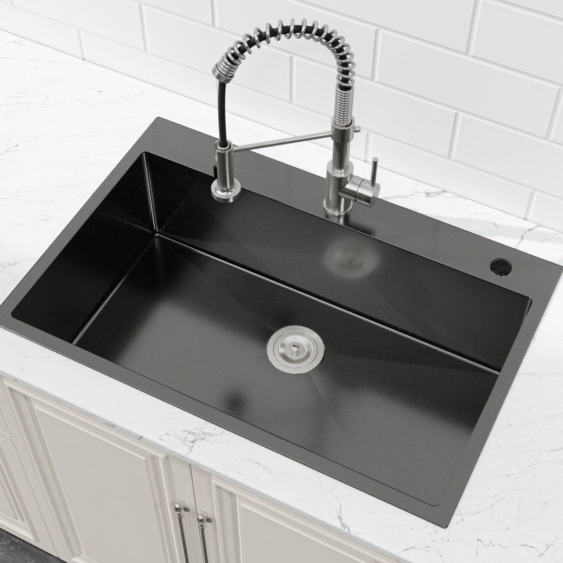 33"x22" Black Stainless Steel Drop-In Kitchen Sink – Single Bowl 16 Gauge Topmount Sink with US Drain & Hooks, Gunmetal Black