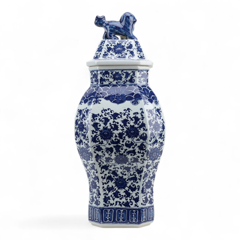 Blue and White Hexagonal Jar with Lid