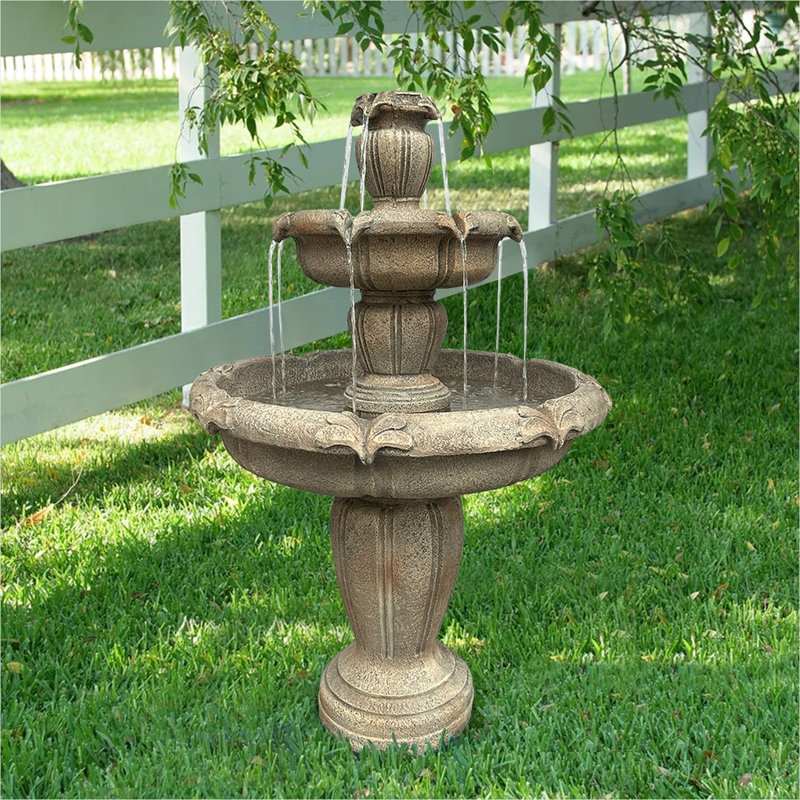 Tiered Outdoor Floor Fountain with Soothing Water Flow, Brown-Toned Concrete, 48-Inch Height for Garden or Patio