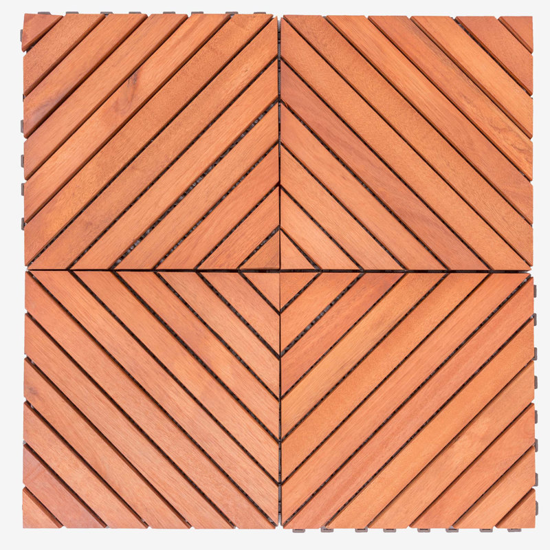 Eucalyptus Interlocking Deck Tiles with Diagonal Slats, Set of 10