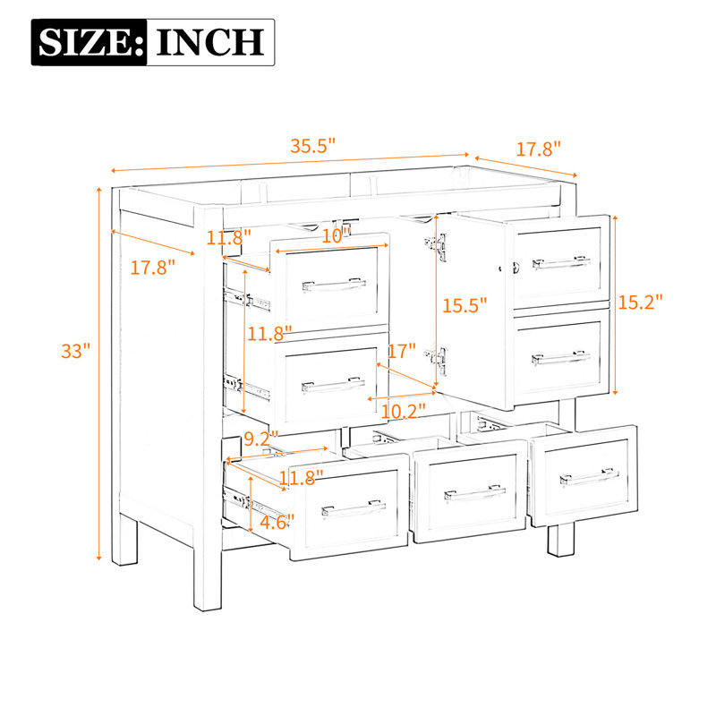 Meuble-lavabo 36 po, 5 tiroirs, fermeture en douceur, structure en bois blanc, planches, bois massif, 35.63", Blanc