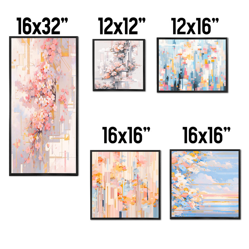 Contemporary Cherry Blossom Bold Stripes - Ensemble de 5 reproductions d'art sur toile cerise, Cadre flottant noir