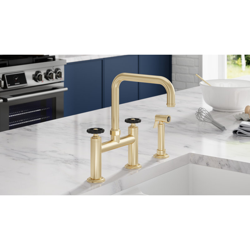 Bridge Kitchen Faucet With Sidespray - Quad Spout, Satin Brass, With Side Spray, Black Wheel