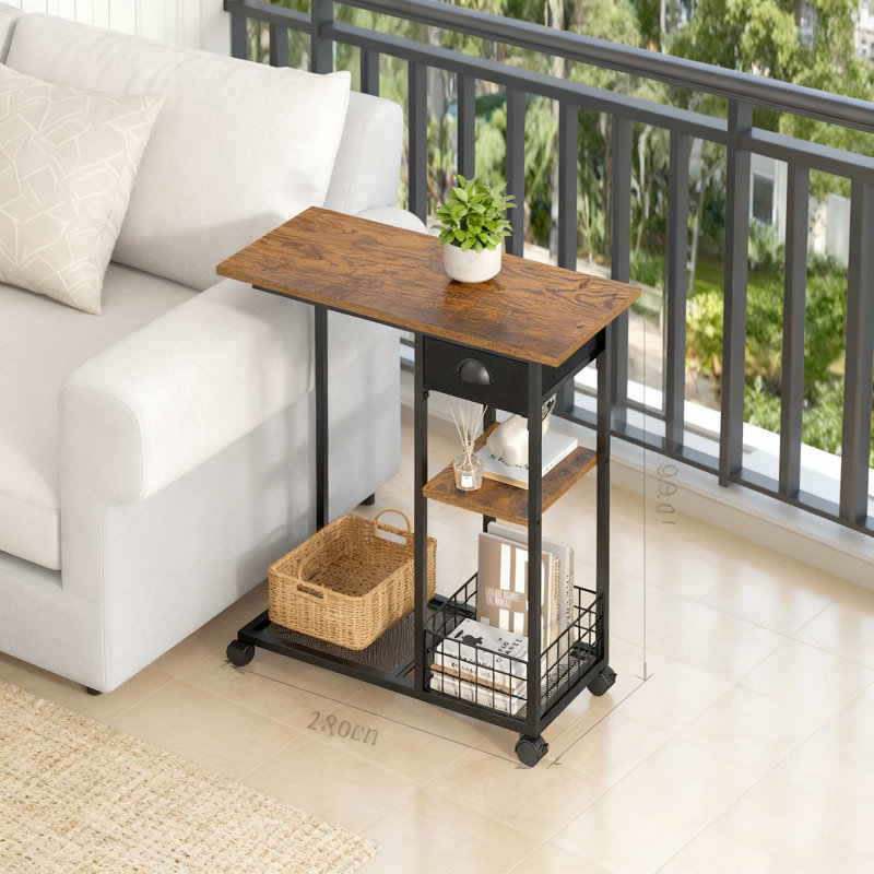 Table de bout réglable en forme de C avec plateau inclinable, tiroir et panier de rangement, roulettes pour le salon, la chambre à coucher et le canapé