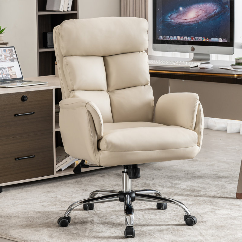 Ergonomic Faux Leather Tufted Executive Office Chair with Padded Armrest, Beige