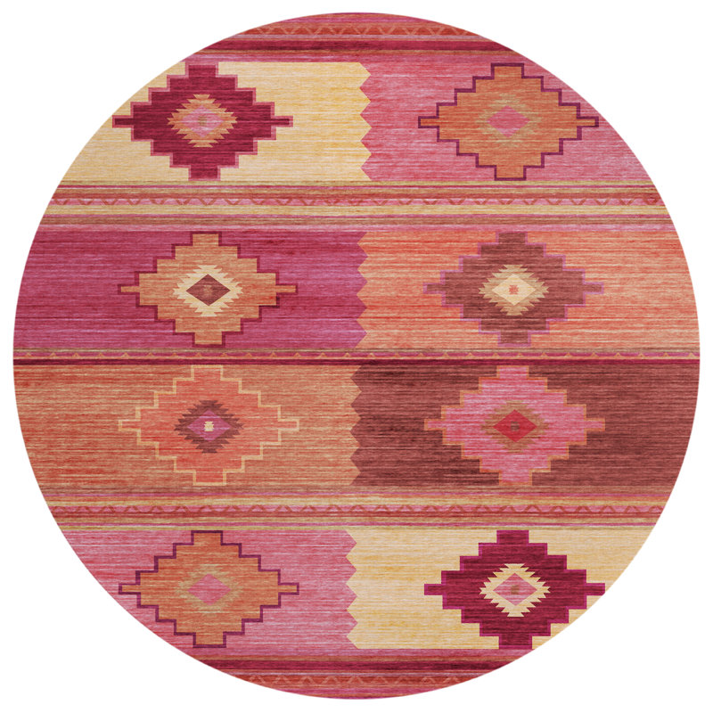 Tapis rose / rouge en polyester tissé à la machine Kaede, Rond 8 pi