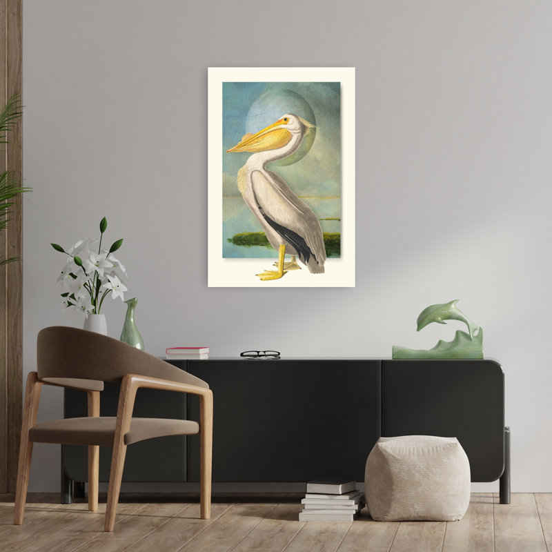 Pélican blanc américain classique rétro, oiseau pélican, paysage, art mural, H 36 po x l 24 po