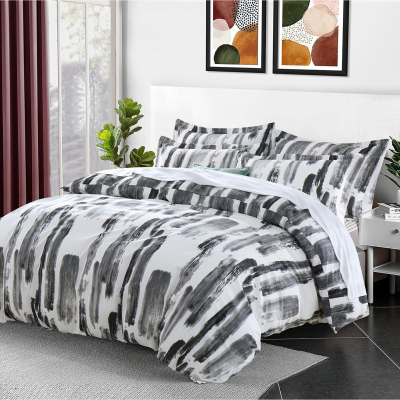 Microfiber Duvet Cover Set with Pillowcases, Grey Stripe, Kingsize Duvet Cover Set + 2 Pillowcases, 3