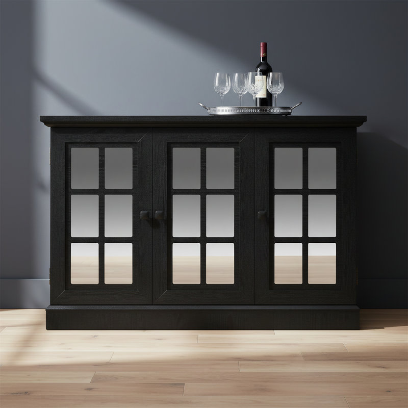 Armoire de rangement de 45 pouces de largeur avec trois portes en miroir en miroir et des armoires latérales avec tablettes réglables, idéales pour les salons, les salles à manger et les cuisines.