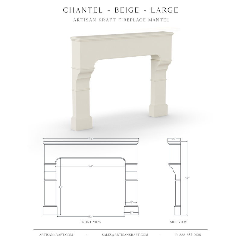 Chantel Cast Stone Fireplace Surround with Beveled Hearth, 10" x 74" x 57", Beige