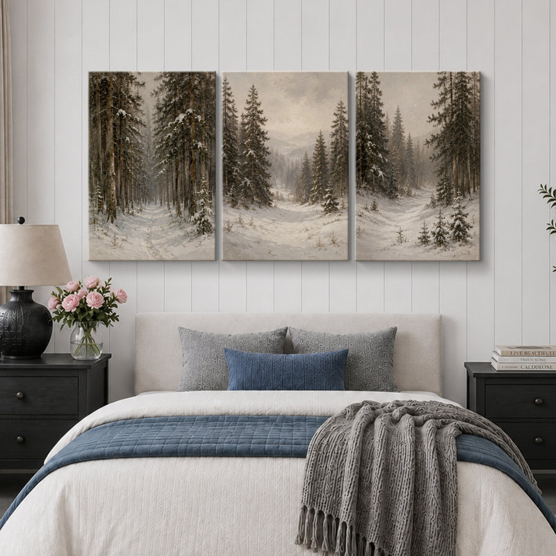 «Snowy Evergreen Forest Landscape», art de chambre à coucher, impression sur toile encadrée, 3 pièces, 16 po x 24 po x 3 pièces, 24 po x 36 po x 3 pièces