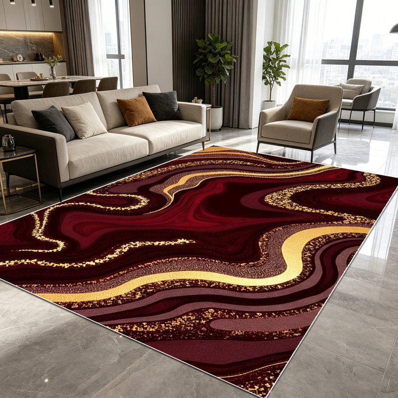 1PC Burgundy Gold Glitter Fluid Agate Swirl Pattern area rugs for Living Room, Soft, All seasons, Easy-maintain, Washable Indoor mat, Farmhouse suitable for dining table, bedroom, entryway, kitchen, home office, backyard, Home Decor, Outdoor Decor.