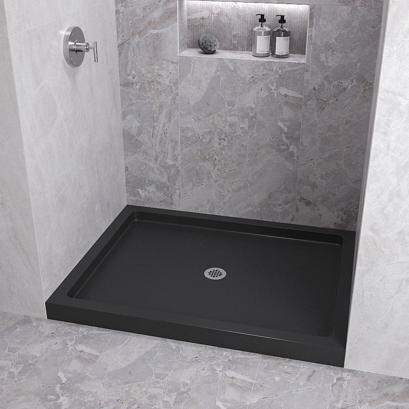 Base de douche en alcôve en acrylique noir brillant avec drain central 48 po x 36 po Streamline NT-2112-48BL-AL, drain inclus