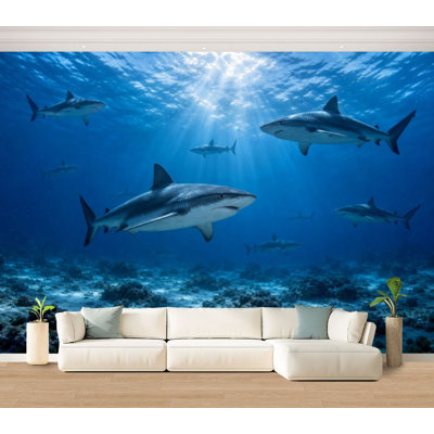 Papier peint adhésif autocollant amovible Silhouettes de requins océan, papier contact amovible pour salon, chambre à coucher H 100 po x l 144 po