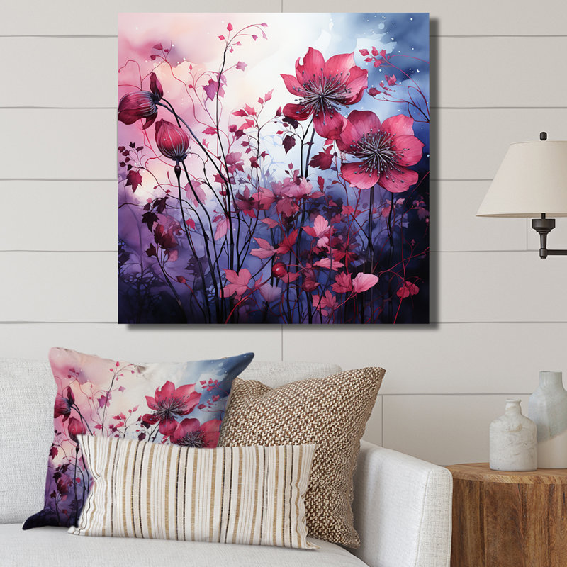 «Pink Twilight Poppies Glowing Meadow II», art mural coquelicots, Toile tendue, H 36 po x l 36 po x P 1,5 po