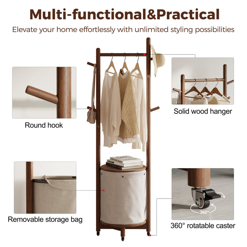 Aaryahi Solid Wood Coat Rack with Fabric Basket - 9 Hooks & Wheels, Freestanding for Entryway/Bedroom, Brown