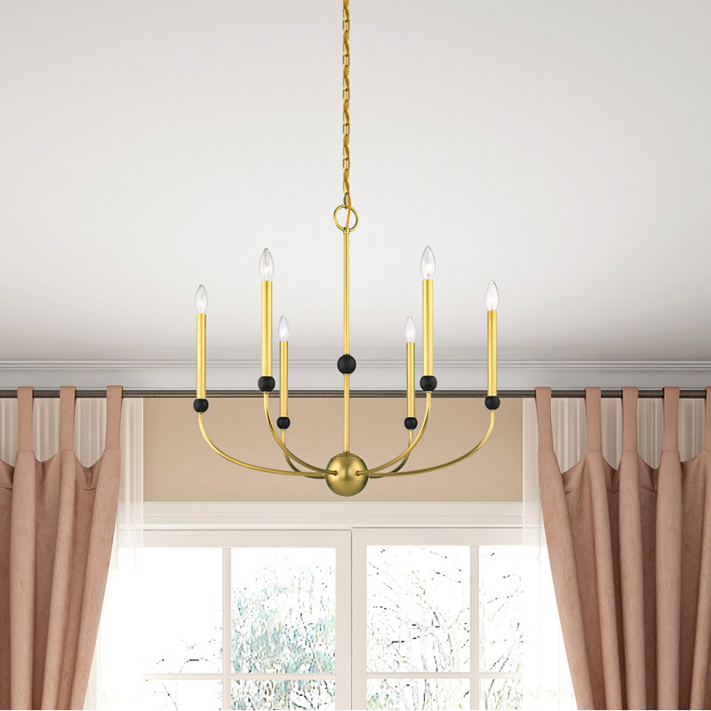 Lustre traditionnel de style bougie à 6 lumières, Laiton naturel