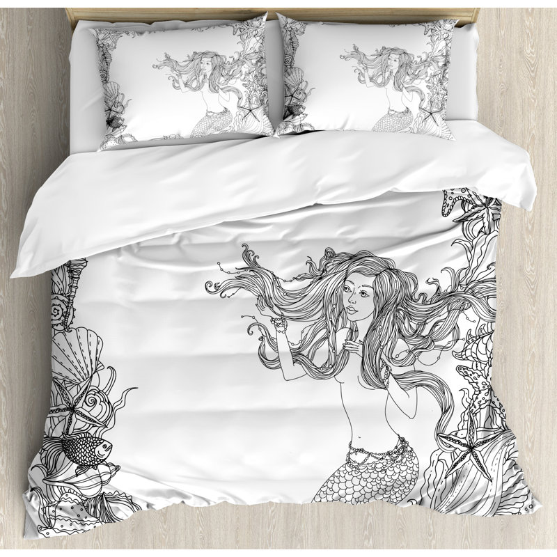 Mermaid Coastal Polyester Duvet Cover, Queen